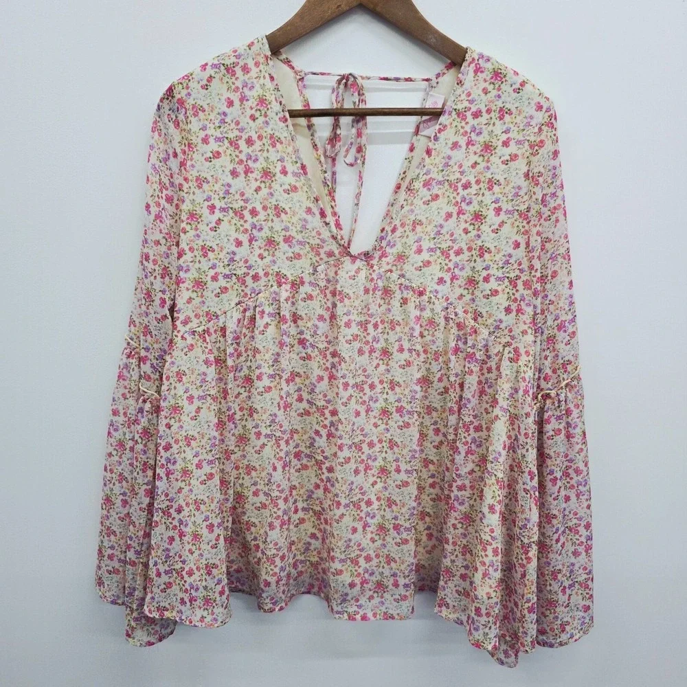 Pink Lily Floral Chiffon Babydoll Long‎ Bell Sleeve V Neck Top Womens L Boho